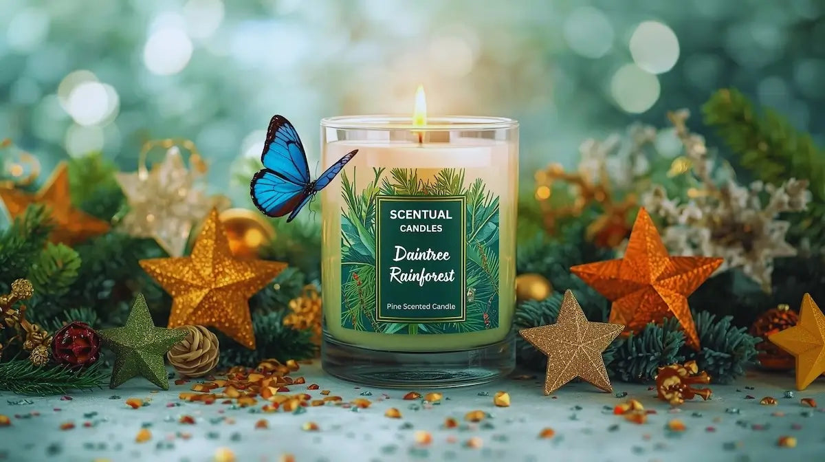 Candle with a butterfly and decorative stars on a festive background