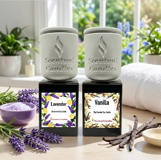 Scented Candle Duo featuring Lavender and Vanilla candles with calming natural decor.