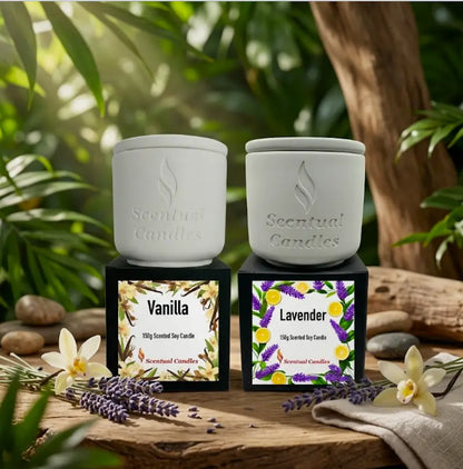 Scented Candle Duo featuring Lavender and Vanilla candles in a serene, natural setting.