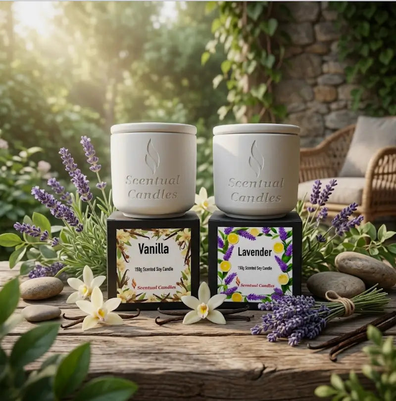 Scented Candle Duo featuring Vanilla and Lavender candles in a serene garden setting.