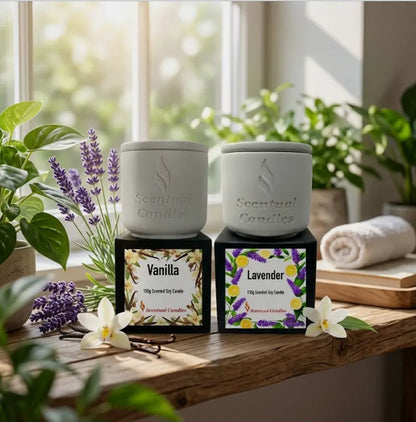 Scented Candle Duo featuring Lavender and Vanilla candles in a bright, calming setting with plants.