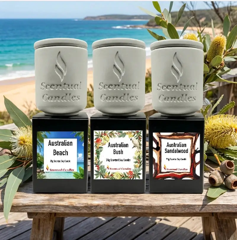 Scented Candle Trio showcasing Australian Beach, Australian Bush, and Australian Sandalwood candles by Scentual Candles.