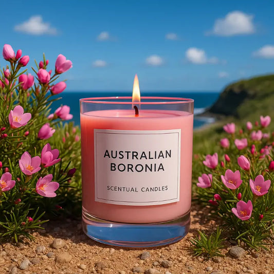 Pink scented soy candle labeled 'Australian Boronia' with a scenic background of flowers and ocean.