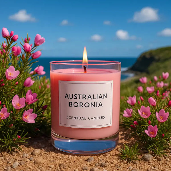 Scented Soy Candle with Australian Boronia fragrance by the sea, surrounded by blooming pink boronia flowers.