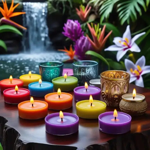 Colorful scented tealight candles on a table with a decorative background featuring plants and a waterfall.