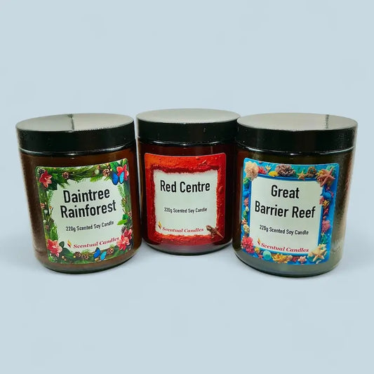 Scents of Australia Candle Set featuring Daintree Rainforest, Red Centre, and Great Barrier Reef candles.