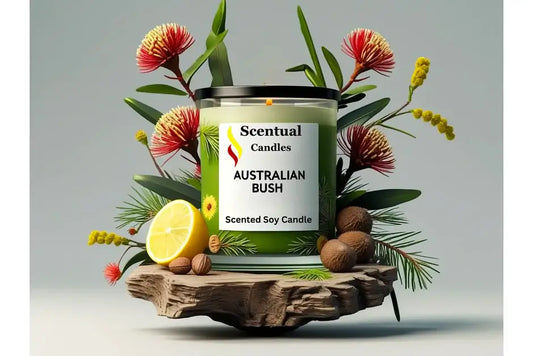 Scentual Candles Australian Bush scented soy candle with floral and leaf decorations on a gray background