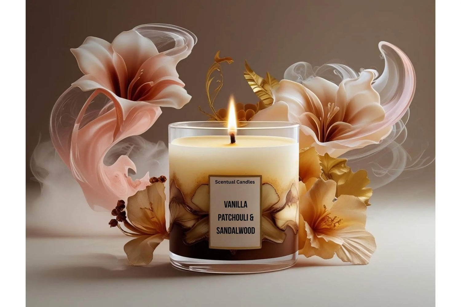 Vanilla patchouli and sandalwood candle with floral decorations on a reflective surface