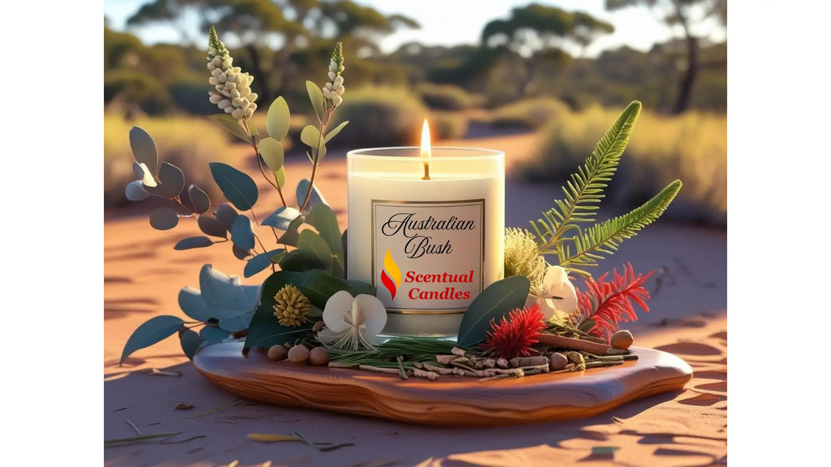 Candle with 'Australian Bush' branding on a decorative plate with plants and flowers, set against a desert landscape.