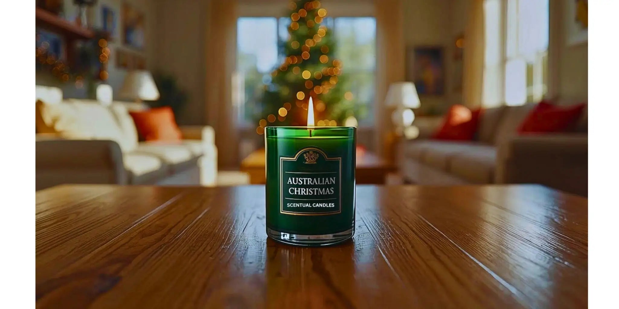 Candle in a green container labeled 'Australian Christmas' on a wooden table with a festive background.