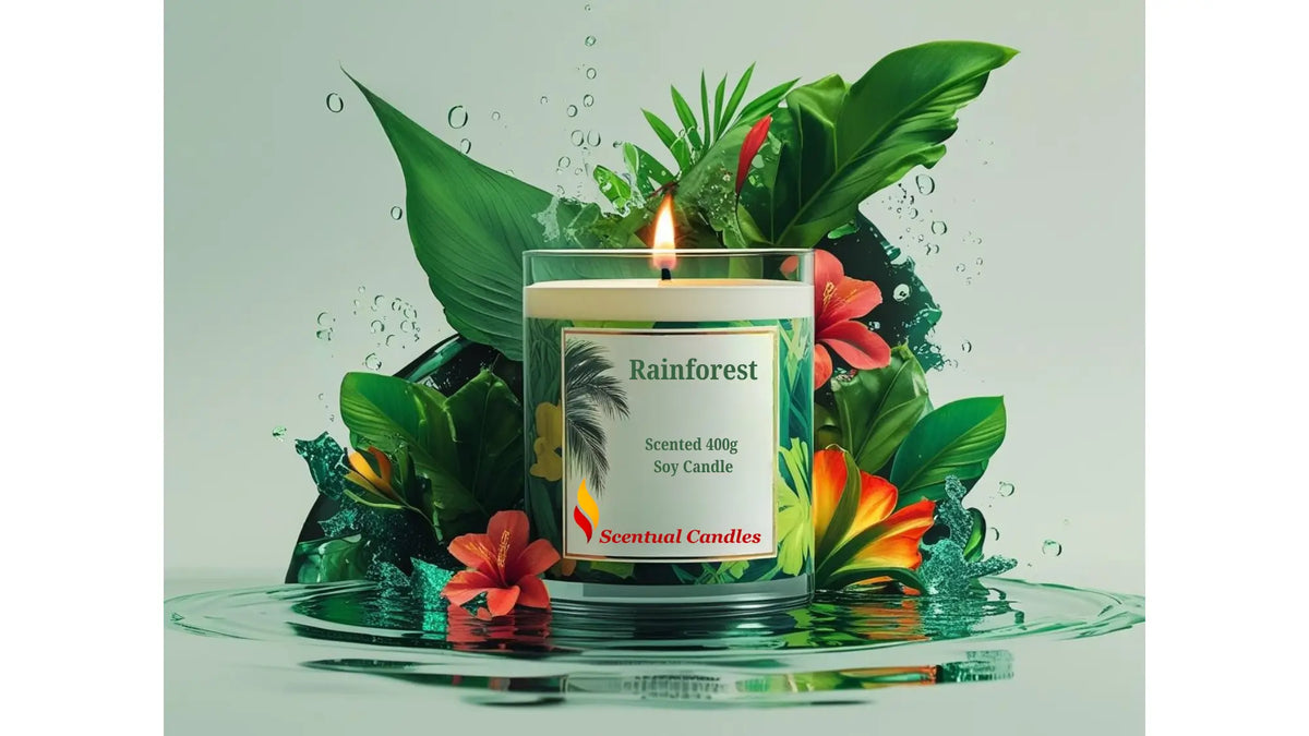 Scented candle labeled 'Rainforest' surrounded by tropical leaves and flowers on a light green background