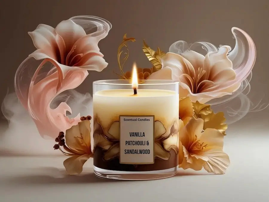 Vanilla Patchouli and Sandalwood candle with floral decorative elements and coloured smoke
