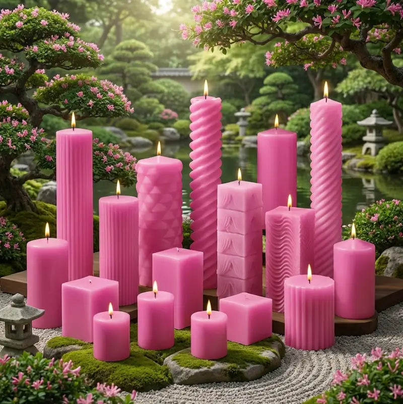 Pink honeysuckle candles of various shapes and sizes in a Japanese garden setting