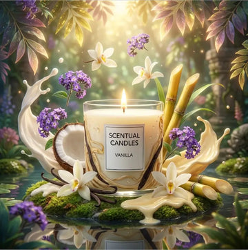 Vanilla Scented Candle surrounded by tropical flowers and greenery, creating a luxurious and serene atmosphere.
