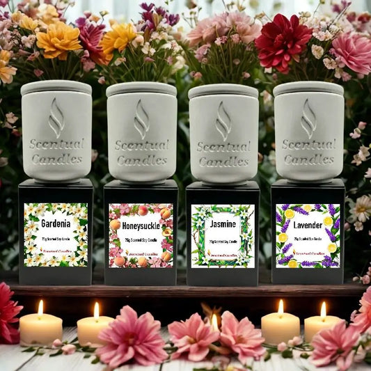 Set of 4 Mini Candles - Florals featuring gardenia, honeysuckle, jasmine, and lavender soy candles with floral design packaging