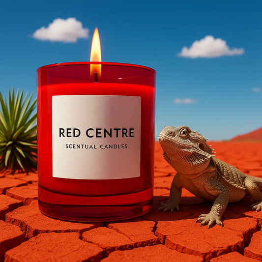 Spicy Vanilla Red Centre scented candle with a lizard on a desert background