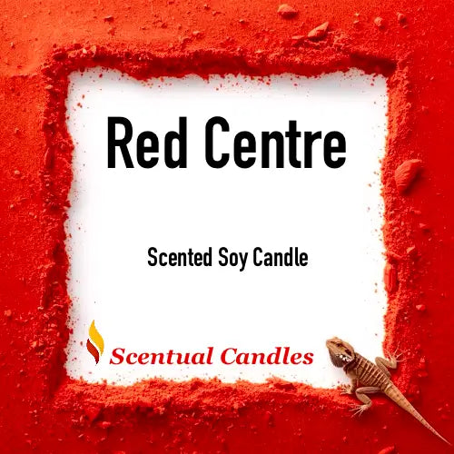 Scentual Candles Spicy Vanilla scented soy candle with 'Red Centre' text and a lizard on a red background