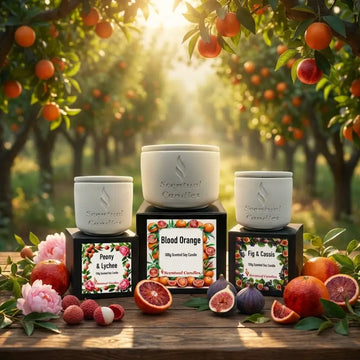 Blood Orange Fig and Lychee Candle Set displayed in a sunlit orchard with vibrant fruits and floral accents.