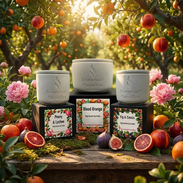 Blood Orange Fig and Lychee Candle Set displayed in a sunlit orchard with lush fruits and flowers.