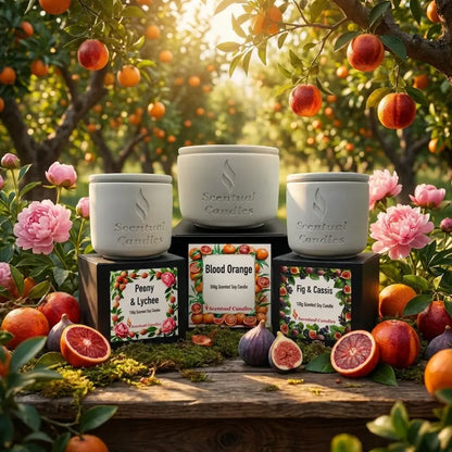 Blood Orange Fig and Lychee Candle Set displayed in a sunlit orchard with lush fruits and flowers.