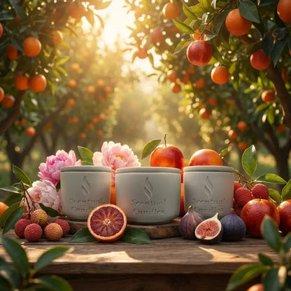 Blood Orange Fig and Lychee Candle Set displayed among fresh fruits and flowers in a sunlit orchard.