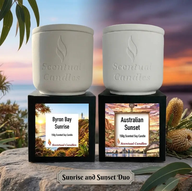 Sunrise and Sunset Australian Scented Candle Duo featuring Byron Bay Sunrise and Australian Sunset candles.