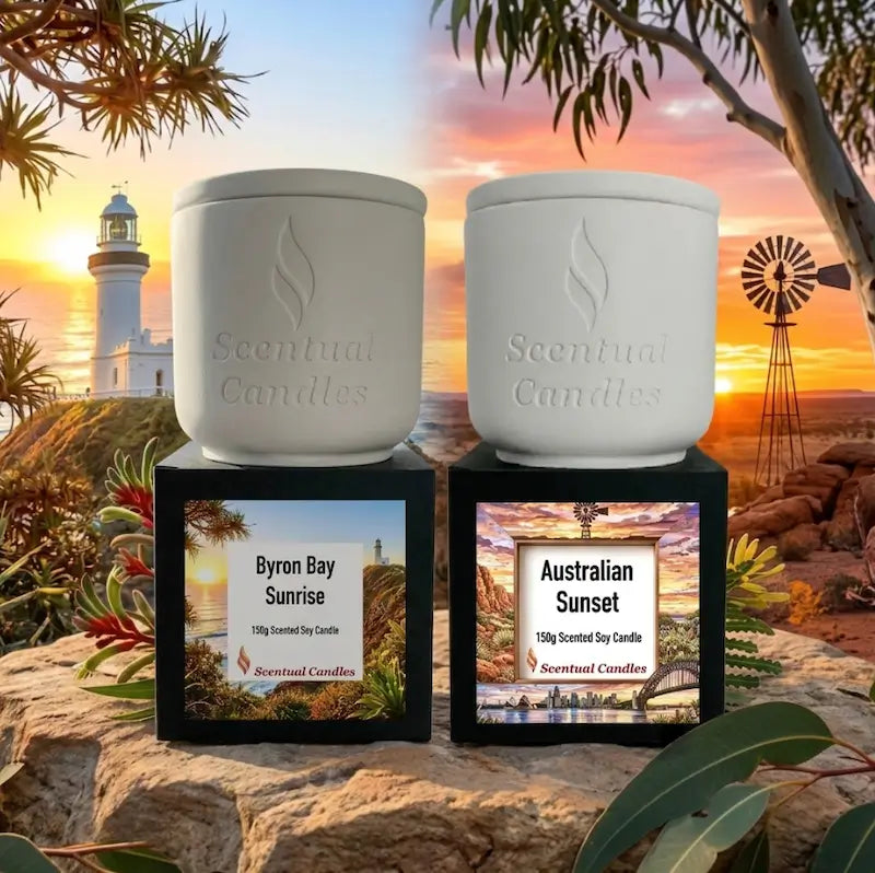 Sunrise and Sunset Australian Scented Candle Duo showcasing Byron Bay Sunrise and Australian Sunset candles.