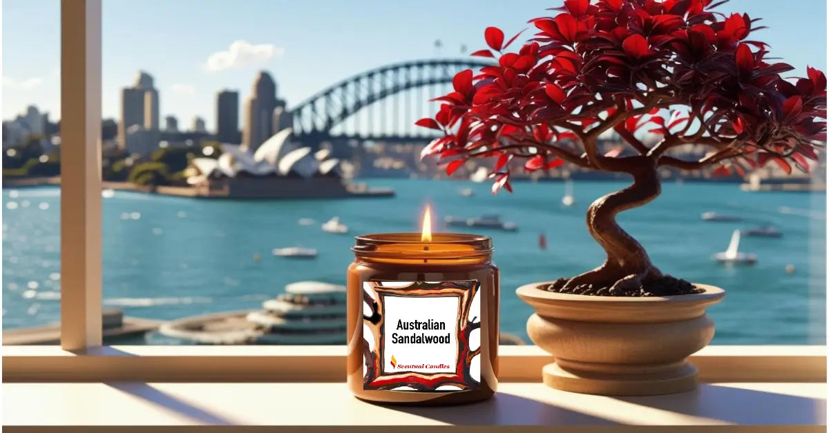 A windowsill with an Australian Sandalwood candle burning next to a bonsai with a view of Sydney Harbour in the background