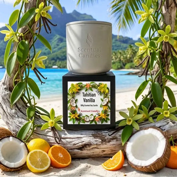 Tahitian Vanilla gourmet scented soy candle displayed on a tropical beach surrounded by coconuts and citrus fruits.
