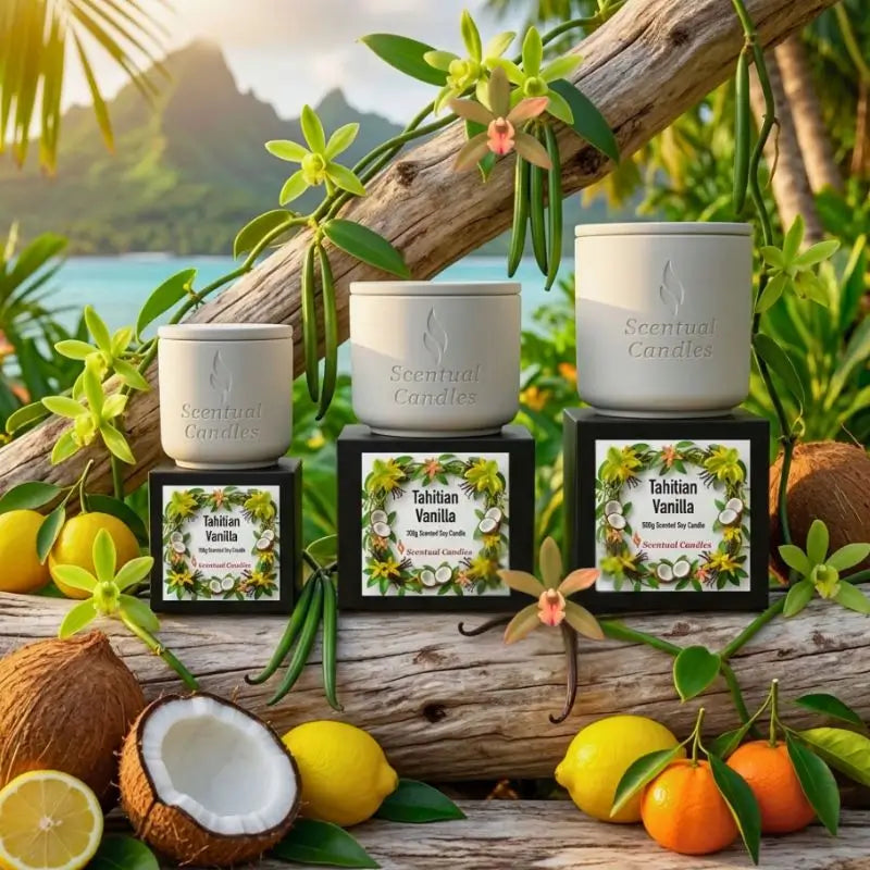 Tahitian Vanilla - Gourmet scented soy candle displayed among tropical plants and fruits.