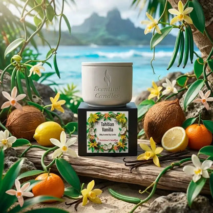Tahitian Vanilla gourmet scented soy candle surrounded by tropical flowers and fruits on a beach backdrop.