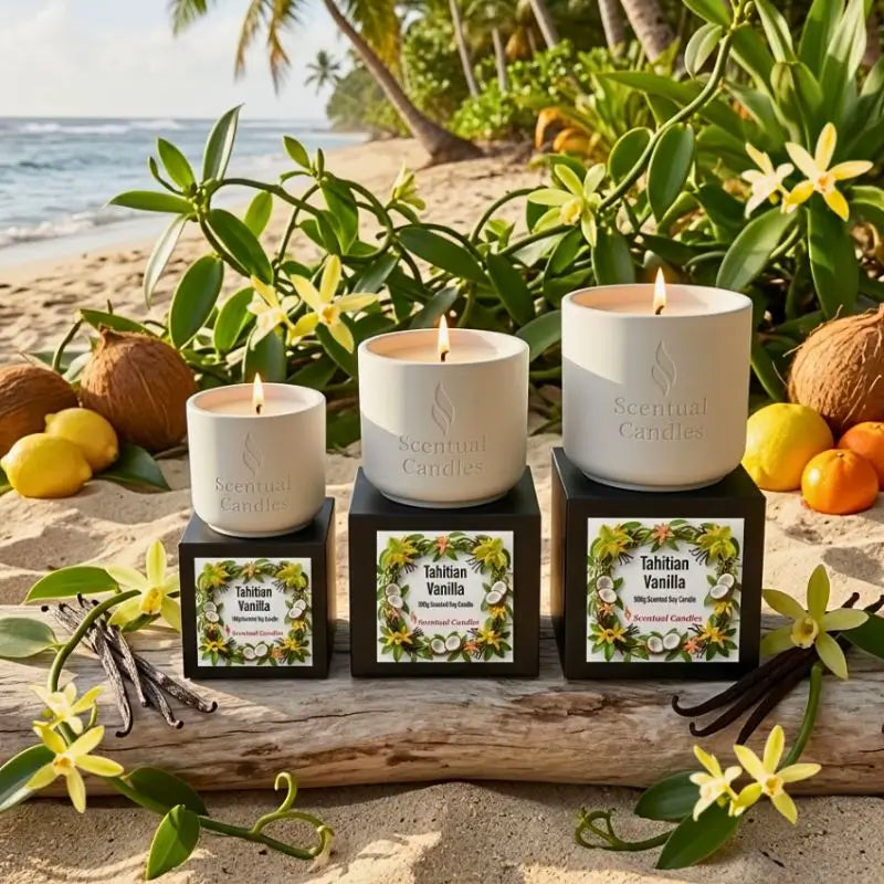 Tahitian Vanilla gourmet scented soy candles displayed on a beach with tropical plants and fruits.
