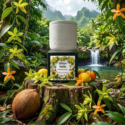 Tahitian Vanilla gourmet scented soy candle on a tree stump surrounded by tropical flowers and a waterfall.