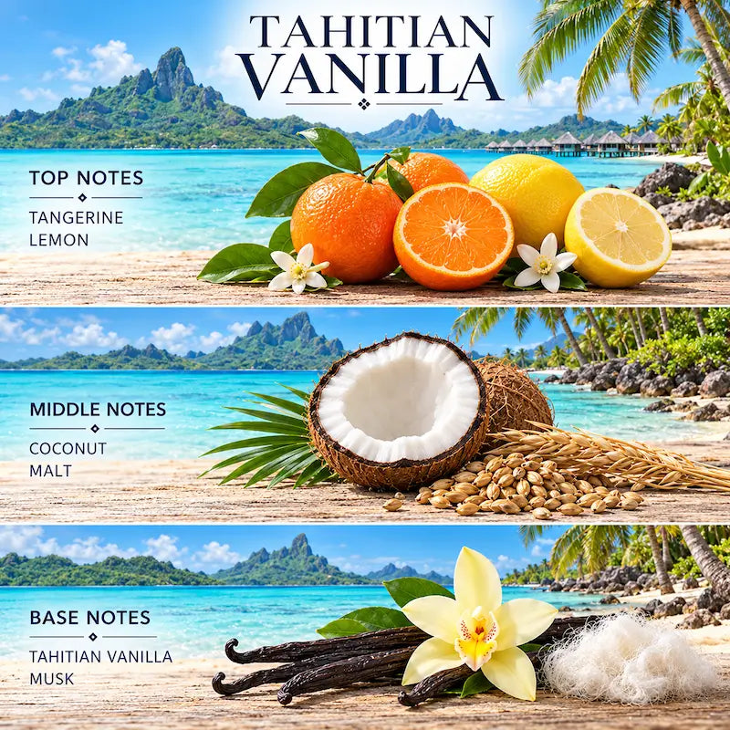Tahitian Vanilla scented candle notes, featuring tangerine, coconut, and vanilla, with a tropical beach backdrop.