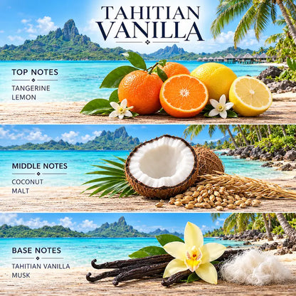 Tahitian Vanilla scented candle notes, featuring tangerine, coconut, and vanilla, with a tropical beach backdrop.