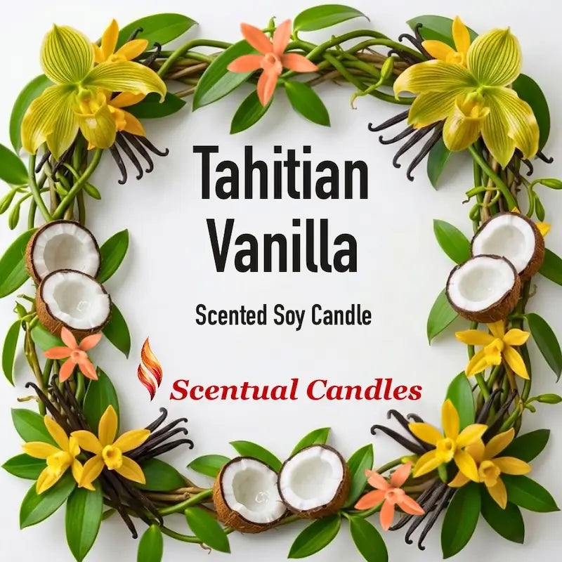 Tahitian Vanilla Scented Soy Candle with floral and coconut decorations in a decorative wreath.