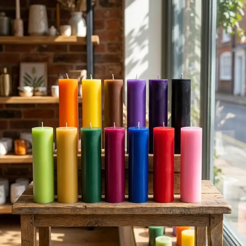 Colorful selection of Tall Candles in various hues displayed on a wooden table, showcasing elegance and vibrant design.