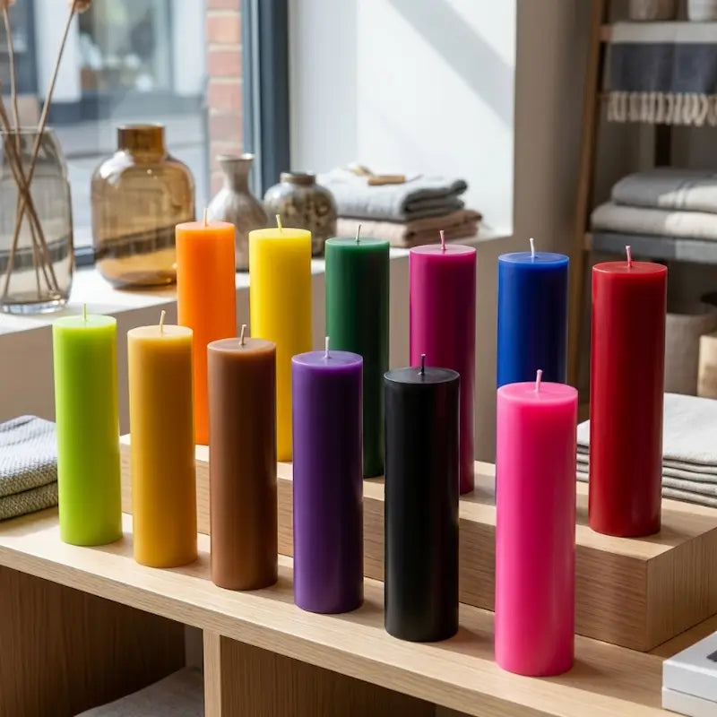 Tall Candle collection featuring various colors on display in a home setting.