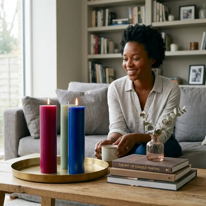 Tall Candle display in a cozy living room, featuring vibrant colors and a relaxed atmosphere.