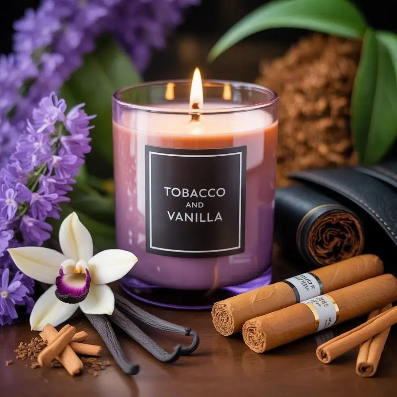 Tobacco Scented Candle with vanilla beside flowers and tobacco leaves, highlighting its bold aroma.