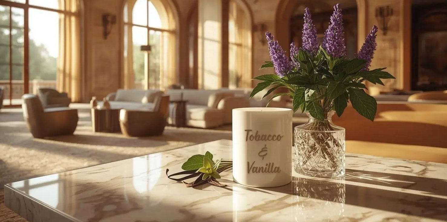 Candle labeled 'Tobacco & Vanilla' on a marble table with a vase of purple flowers in a room with large windows.