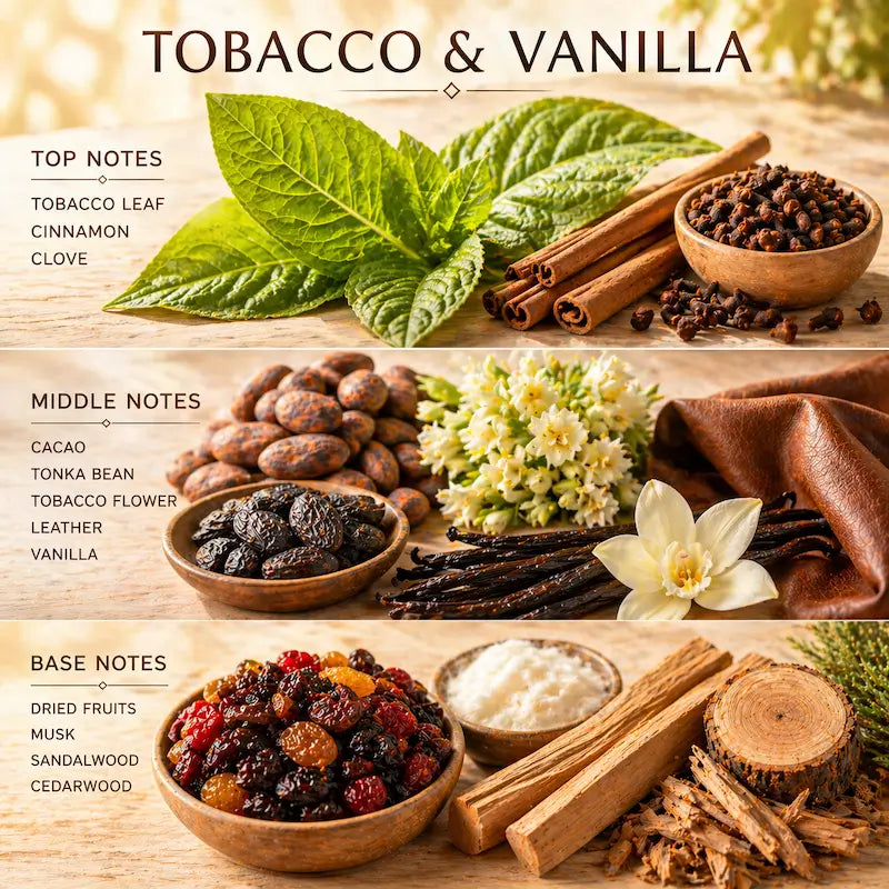 Tobacco Scented Candle ingredients showcasing top, middle, and base notes: tobacco leaf, vanilla, and spices.
