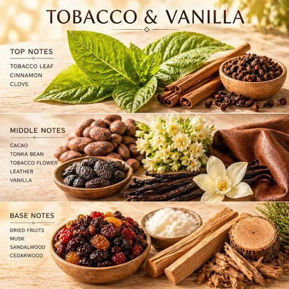 Tobacco Scented Candle ingredients showcasing top, middle, and base notes: tobacco leaf, vanilla, and spices.