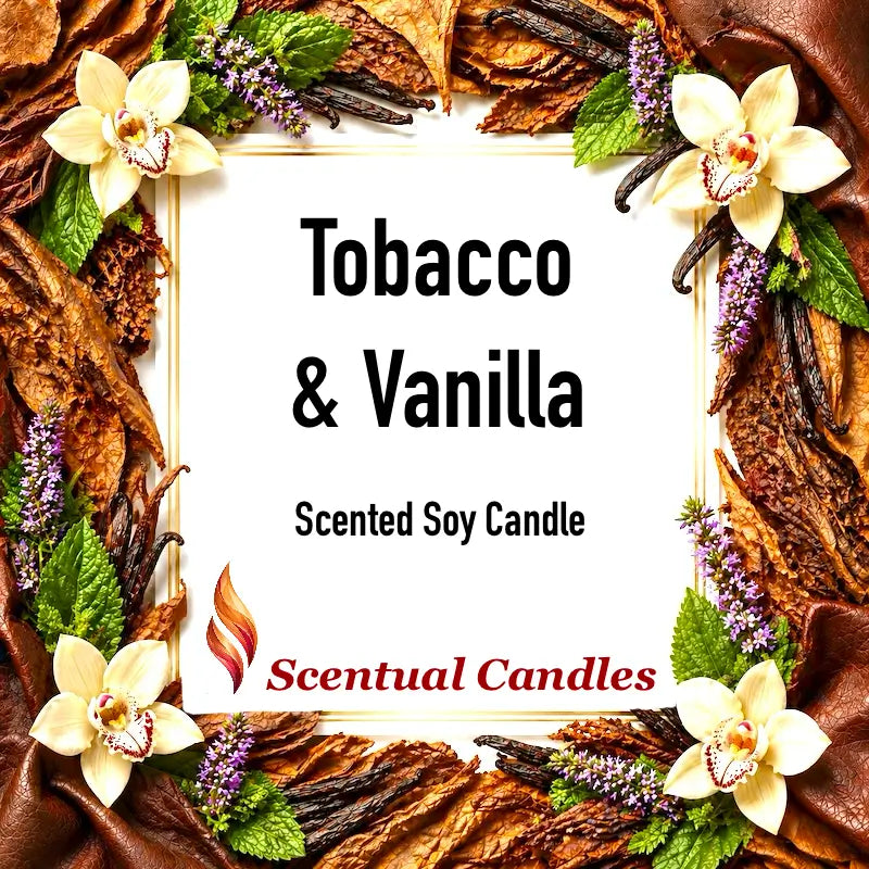 Tobacco Scented Candle with vanilla flowers and tobacco leaves displayed artistically.