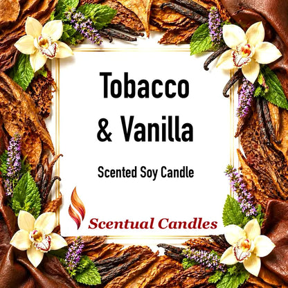 Tobacco Scented Candle with vanilla flowers and tobacco leaves displayed artistically.