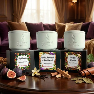 Tobacco and Vanilla Candle Set displayed alongside Fig & Cassis and Vanilla, Patchouli & Sandalwood candles.