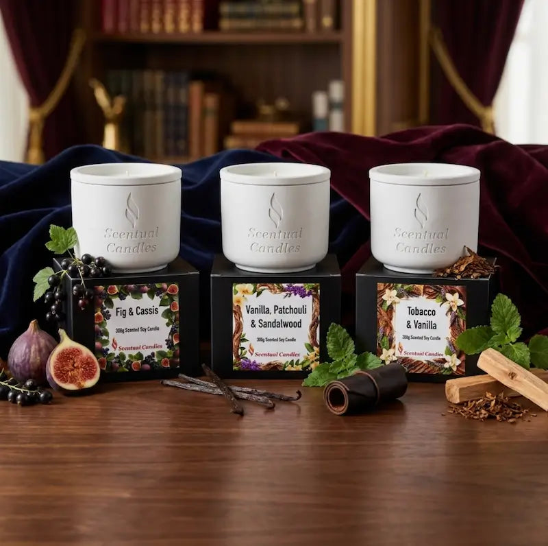 Tobacco and Vanilla Candle Set alongside Fig & Cassis and Vanilla, Patchouli & Sandalwood candles on a wooden table.