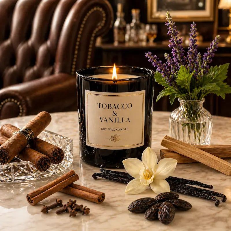 Tobacco Scented Candle on a table with cigars, vanilla, and aromatic herbs in a cozy setting.