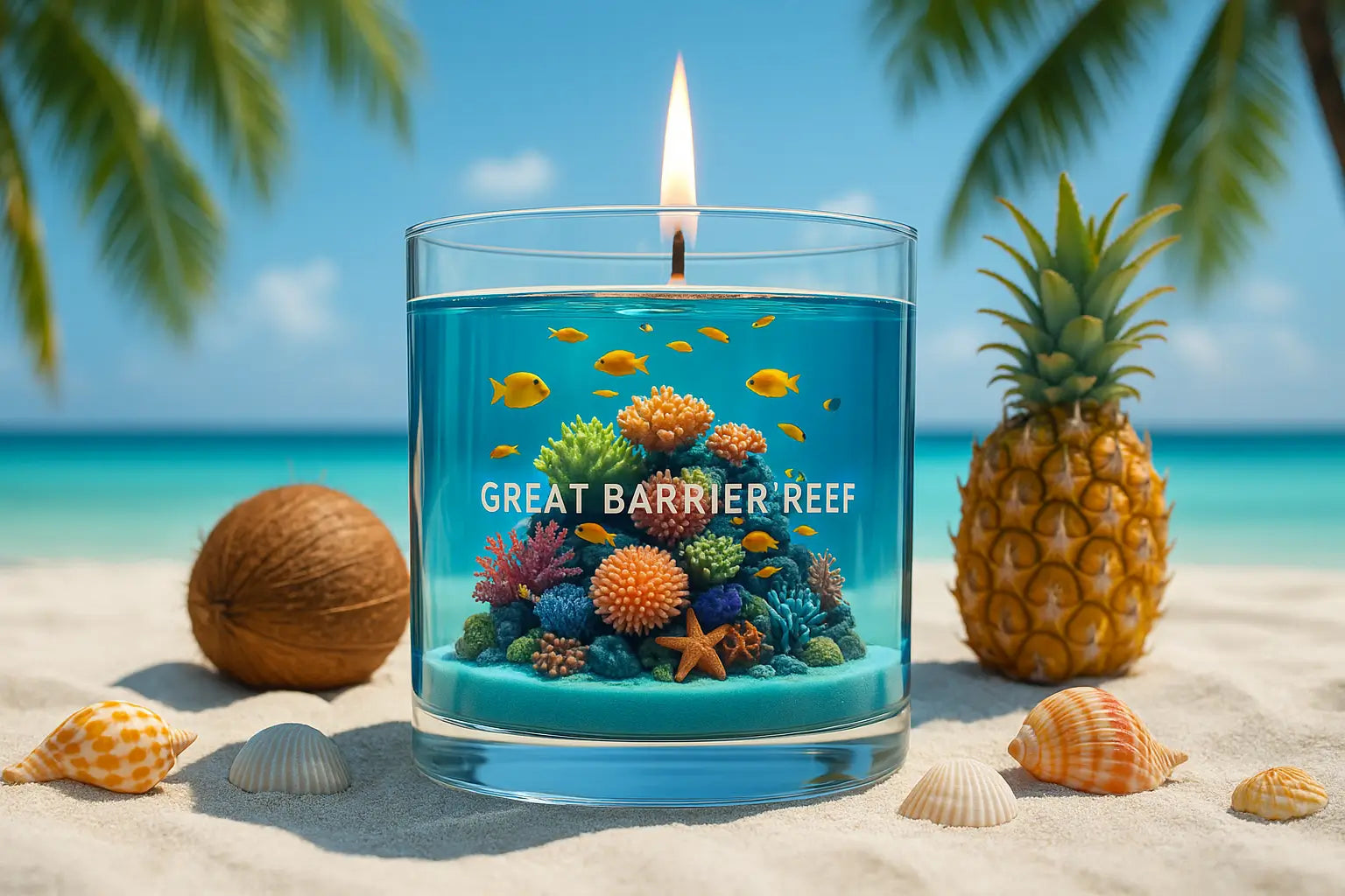 Tropical Scented Candle with Great Barrier Reef theme on a beach with pineapple and seashells.