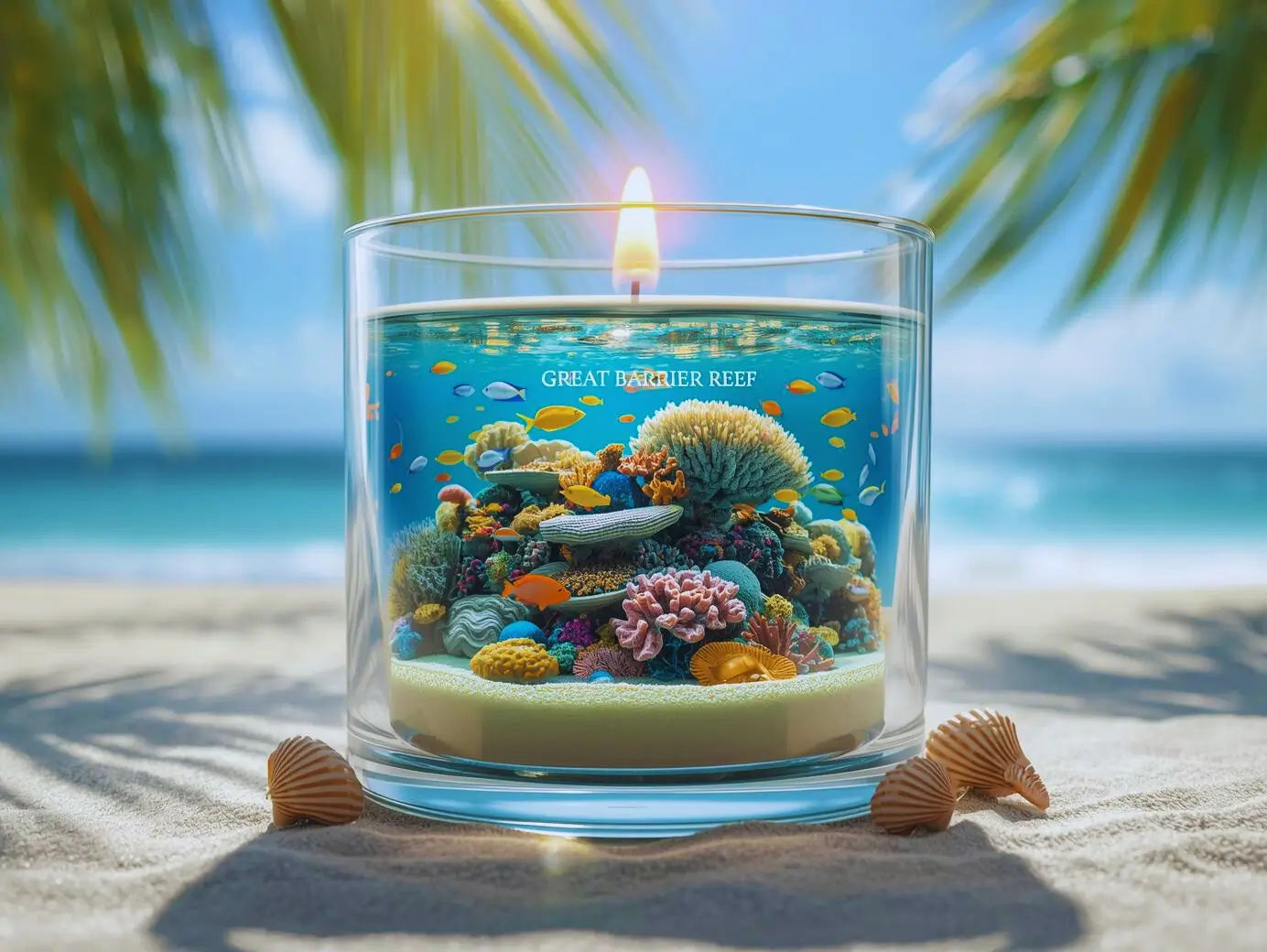 Tropical Scented Candle Great Barrier Reef on a beach with coral-inspired design, evoking a holiday atmosphere, surrounded by shells and palm leaves.